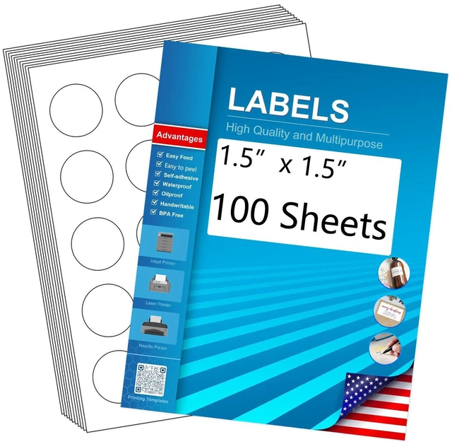 Main image of 1.5" Round Blank Printable Labels, Adhesive Circles for Inkjet Printing | 20 Per Sheet, Matte White (Pack of 100)