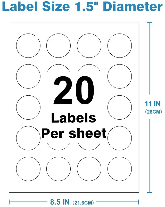 Alt view image 2 of 7 - 1.5" Round Blank Printable Labels, Adhesive Circles for Inkjet Printing | 20 Per Sheet, Matte White (Pack of 100)