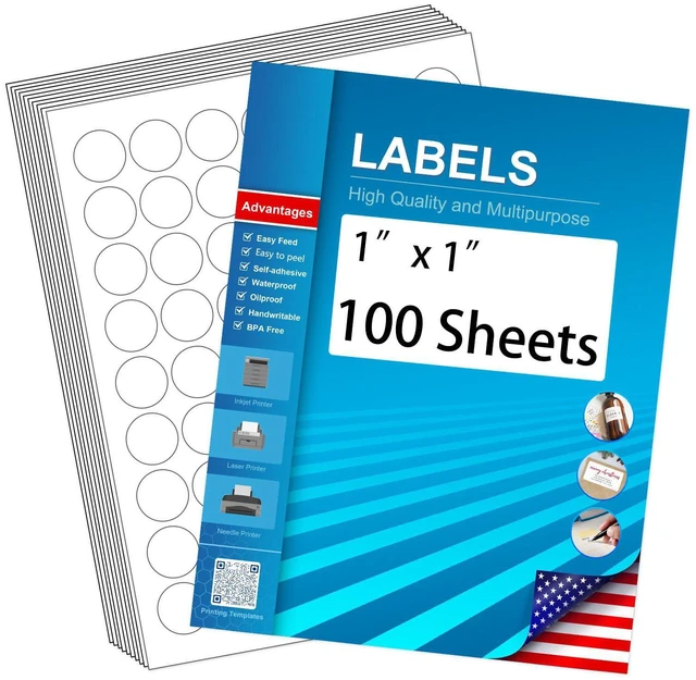 Main image of 1" Circle Sticker Labels, Round Printable Sticker Labels to Write On, Sticker Paper for Inkjet Printer, (63 Labels/Sheet), 100 Sheets