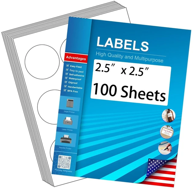 Main image of 2.5" Circle Sticker Labels, Round Printable Sticker to Write On, Sticker Paper for Inkjet Printer, (9 Labels/Sheet), 100 Sheets