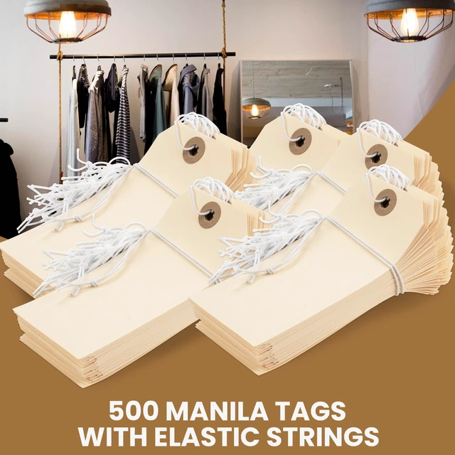 Alt view image 3 of 7 - Manila Shipping Tags with Elastic Strings Large Durable Blank Paper Tags 4¾ x 2 Ideal for Labeling and Inventory Use Box of 500