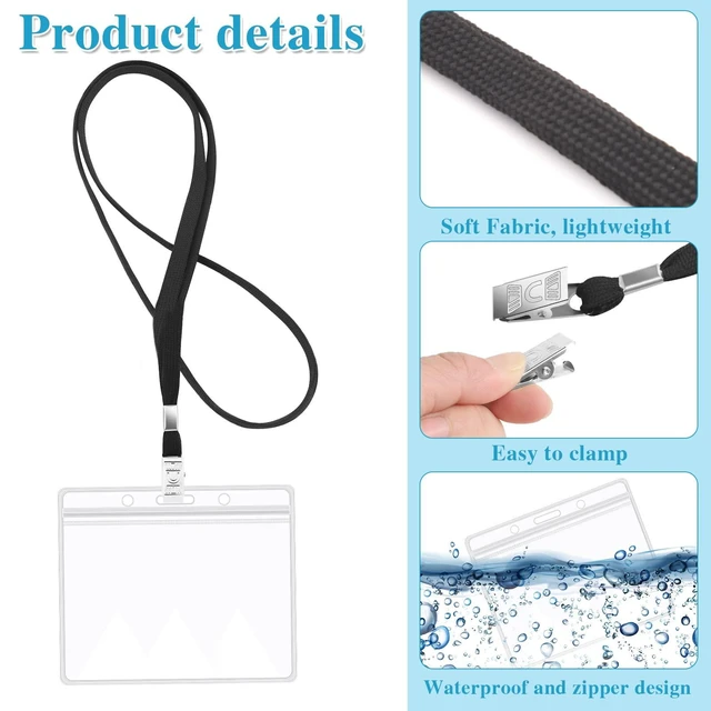 Alt view image 3 of 7 - 60 Pack Clear Id Badge Holders with Black Lanyards, Horizontal Reusable Pvc Holders, Waterproof Zip Seal, 4.3 x 3.1 In Inner Size, Soft Lanyards With Metal Clips, For Work Or Events