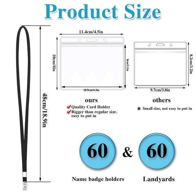 Alt view image 2 of 7 - 60 Pack Clear Id Badge Holders with Black Lanyards, Horizontal Reusable Pvc Holders, Waterproof Zip Seal, 4.3 x 3.1 In Inner Size, Soft Lanyards With Metal Clips, For Work Or Events