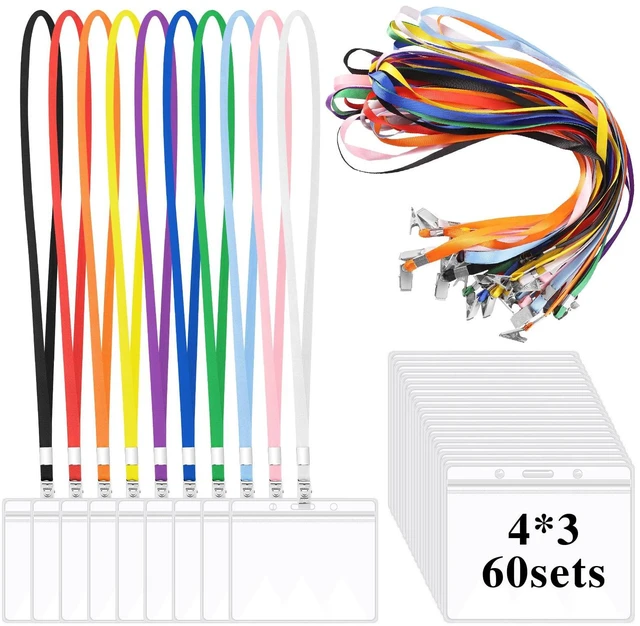 Main image of 60 Pack Clear Id Badge Holders with Lanyards, Horizontal, 10 Colors Waterproof Pvc, Resealable Zipper, 4.3 x 3.1 In Inner Size, Soft Neck Lanyards, Metal Clips For Work, School, Cruise Use