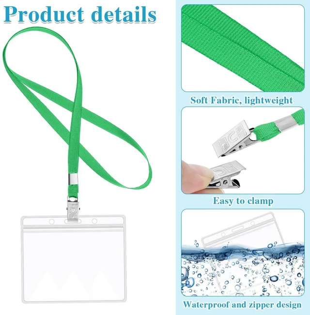 Alt view image 3 of 7 - 60 Pack Clear Id Badge Holders with Lanyards, Horizontal, 10 Colors Waterproof Pvc, Resealable Zipper, 4.3 x 3.1 In Inner Size, Soft Neck Lanyards, Metal Clips For Work, School, Cruise Use