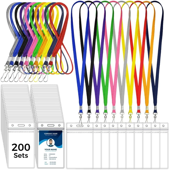 Main image of 200 Set Name Tag Lanyards with ID Holders Bulk Multicolor Clear Plastic ID Name Badge Holders Cruise Lanyards Clip Waterproof for Adult Kid Business Office Back to School Supplies