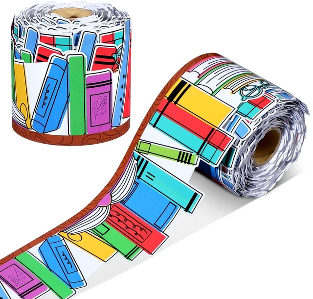 Main image of 69 Feet Book Bulletin Board Border Rolled Back to School Bulletin Board Bookshelf Doodle Design Die Cut, Colorful Book Themed Trim for Classroom Wall Chalkboard Decor, Teacher Supplies