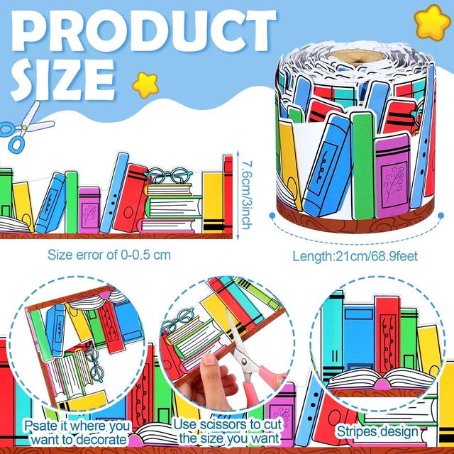 Alt view image 2 of 6 - 69 Feet Book Bulletin Board Border Rolled Back to School Bulletin Board Bookshelf Doodle Design Die Cut, Colorful Book Themed Trim for Classroom Wall Chalkboard Decor, Teacher Supplies