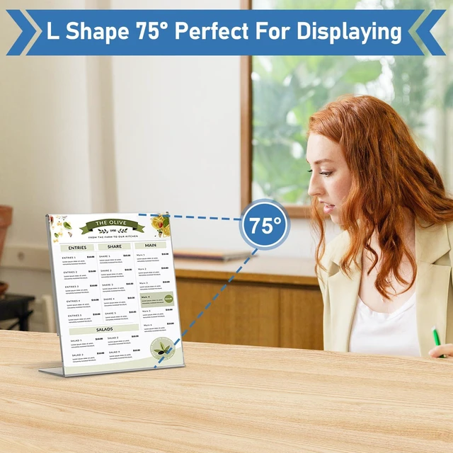 Alt view image 4 of 7 - Acrylic Sign Holder 4x6 Inches, 16 Pack Clear Plastic Table Flyer Display Stand, L-Shape Vertical Menu Paper Holder Stand, Clear Picture Photo Flyer Display Stand for Restaurants, Store Fair,Office