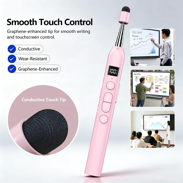 Alt view image 4 of 7 - N21 Bluetooth Presentation Clicker with Telescopic Teaching Pointer Green laser pointer for presentations, Retractable pointer with touch pen, Countdown timer, Customizable Keys, BLE & USB-A