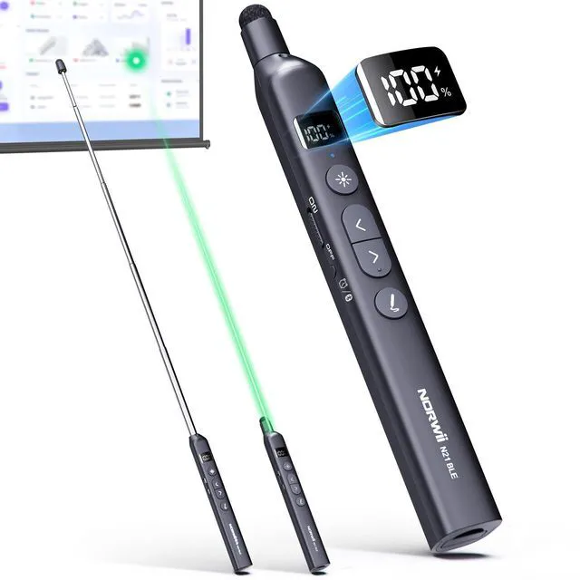 Main image of N21 Bluetooth Presentation Clicker with Telescopic Teaching Pointer Green laser pointer for presentations, Retractable pointer with touch pen, Countdown timer, Customizable Keys, BLE & USB-A