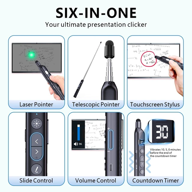 Alt view image 2 of 7 - N21 Bluetooth Presentation Clicker with Telescopic Teaching Pointer Green laser pointer for presentations, Retractable pointer with touch pen, Countdown timer, Customizable Keys, BLE & USB-A