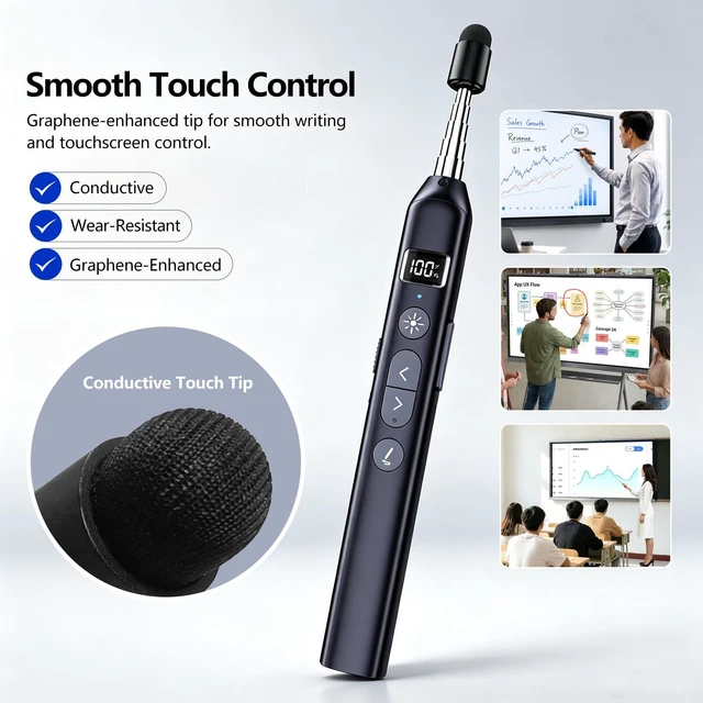 Alt view image 4 of 7 - N21 Bluetooth Presentation Clicker with Telescopic Teaching Pointer Green laser pointer for presentations, Retractable pointer with touch pen, Countdown timer, Customizable Keys, BLE & USB-A