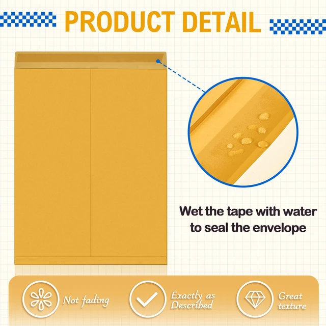 Alt view image 6 of 6 - 50 Pcs 14'' x 18'' Large Mailing Envelopes 32lb with Gummed Flaps Yellow Heavyweight Kraft Paper, Catalog Jumbo Size for Documents, Office Storage and Organizing Supplies, Self-seal Flap