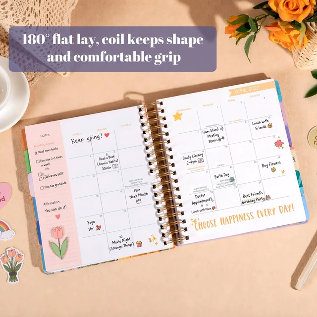 Alt view image 5 of 7 - 18 Month Planner 2026-2027 Weekly Monthly Hardcover Gift for Women 100GSM No-Bleed Paper, Spiral Hardcover, Laminated Tabs, Pocket, Stickers - Academic Family Calendar Planner for Women Mom