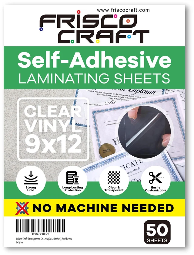 Main image of Self Laminating Sheets, 50 PCS Clear Vinyl Adhesive Laminating Sheets, No Machine Needed, Self Sealing Laminate for Crafts, Photos, Documents, 9x12 Inch Clear Adhesive