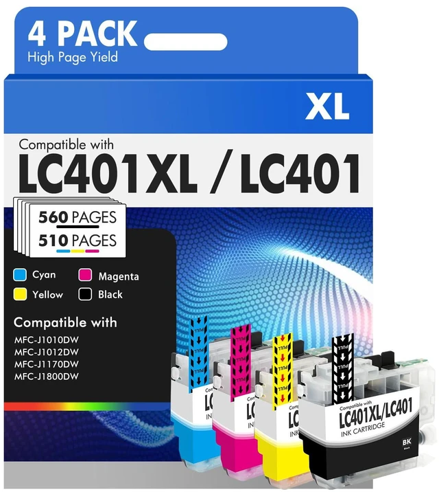 Main image of LC401XL LC401 MFC-J1010DW Ink Cartridges for Brother Printer MFC J101DW Compatible for Brother LC401 401XL MFC-J1010DW MFC-J1170DW MFC-J1012DW MFC-J1800DW J1010DW - 4 Pack Black Cyan Magenta Yellow