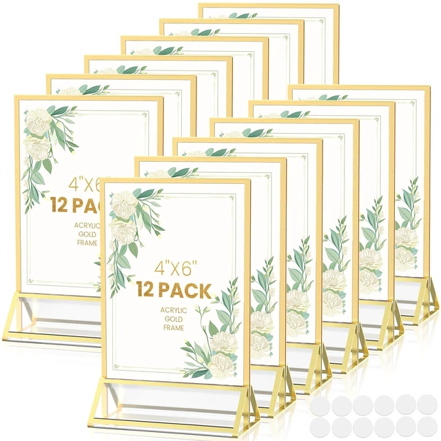 Main image of Gold Frames 4X6 Double-Sided Acrylic Sign Holder,12 Pack Gold Picture Frames for Menu Holder Wedding Table Number Holder Christmas Photo Frames with Sticky Dots