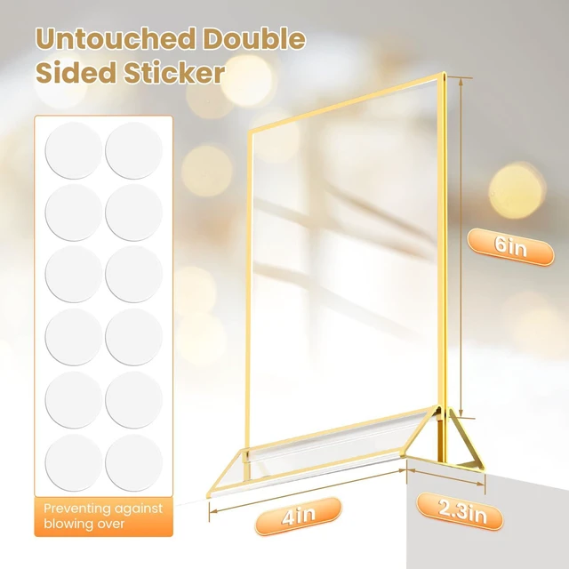 Alt view image 2 of 7 - Gold Frames 4X6 Double-Sided Acrylic Sign Holder,12 Pack Gold Picture Frames for Menu Holder Wedding Table Number Holder Christmas Photo Frames with Sticky Dots