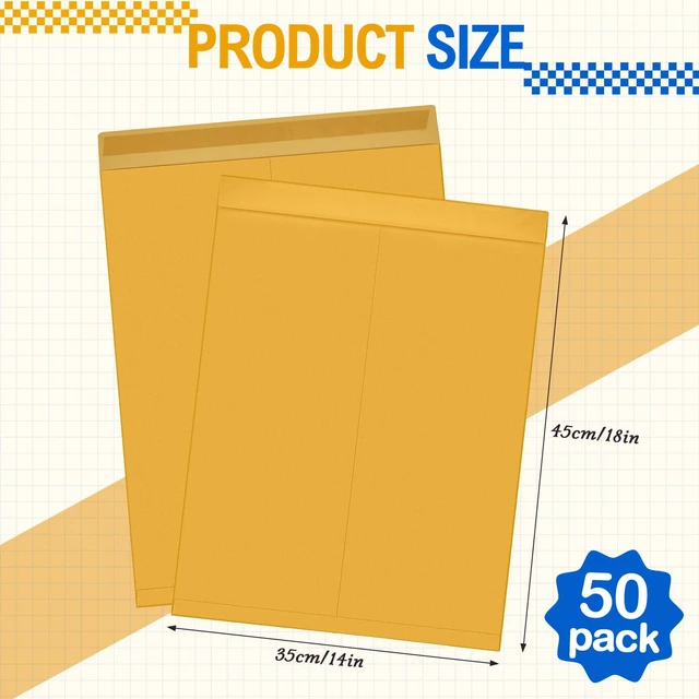 Alt view image 2 of 6 - 50 Pcs 14'' x 18'' Large Mailing Envelopes 32lb with Gummed Flaps Yellow Heavyweight Kraft Paper, Catalog Jumbo Size for Documents, Office Storage and Organizing Supplies, Self-seal Flap