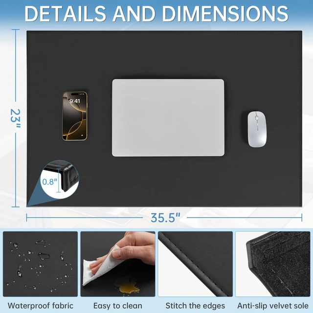Alt view image 3 of 7 - 35.4"x22.8" Soft PU Leather Surface Office Desk Mouse Mat Pad with Full Grip Fixation Lip Table Blotter Edge-Locked Protector