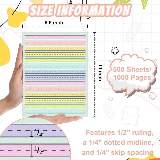 Alt view image 2 of 7 - 500 Sheets Handwriting Paper 0.5Line Width for Primary School Kid 8.5x11 Colored Writing Paper ADHD Tactile Writing Lines Spacing Multisensory Ruled Handwriting Tablet Dysgraphia Pad for Children
