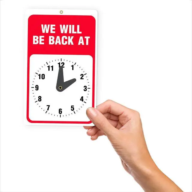 Alt view image 3 of 7 - Will Return Clock Sign, Be Back Soon, 9.25 x 5.75", 10 Pack Prevents Lost Sales, Adjustable Clock Shows Return Time, High Visibility Red & White, Includes Suction Cup, Double-Sided