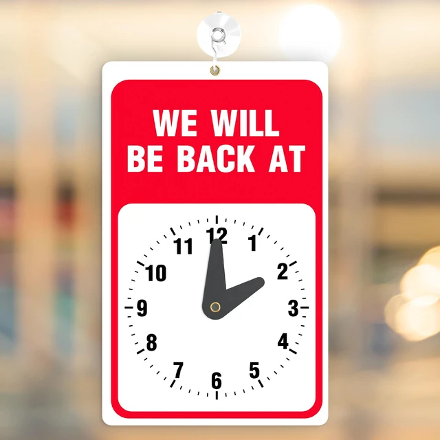 Alt view image 6 of 7 - Will Return Clock Sign, Be Back Soon, 9.25 x 5.75", 10 Pack Prevents Lost Sales, Adjustable Clock Shows Return Time, High Visibility Red & White, Includes Suction Cup, Double-Sided