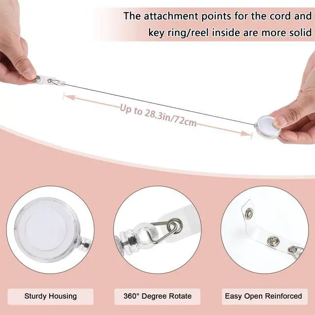 Alt view image 2 of 7 - 50 Pcs Retractable Badge Reel Clips Holder for Hanging ID Card Name Clear White,Strong Pull Resistance,Bulk Carabiner Reels for Nurse Doctor Teachers Students School Office Workers
