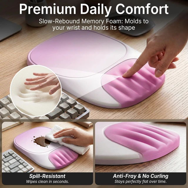 Alt view image 6 of 7 - Ergonomic Mouse Pad with Wrist Rest, Sloped Memory Foam Mousepad with Wrist Support, Cooling Channels, Non-Slip Base, Smooth Lycra Surface for Office, Gaming & Home Desk (Sakura Pink)