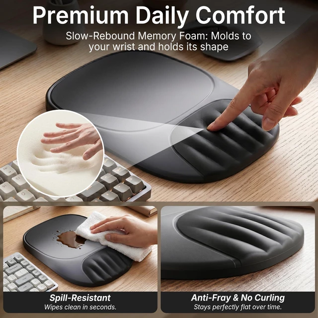 Alt view image 6 of 7 - Ergonomic Mouse Pad with Wrist Rest, Sloped Memory Foam Mousepad with Wrist Support, Cooling Channels, Non-Slip Base, Smooth Lycra Surface for Office, Gaming & Home Desk (Eclipse Black)