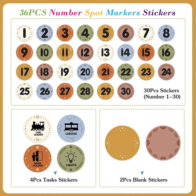 Alt view image 2 of 7 - 36PCS Boho Line Up Spots for Classroom Floor 4" Number Stickers Waterproof Classroom Spots Number Labels Markers for Preschool Kindergarten Elementary Back to School Teacher Must Haves