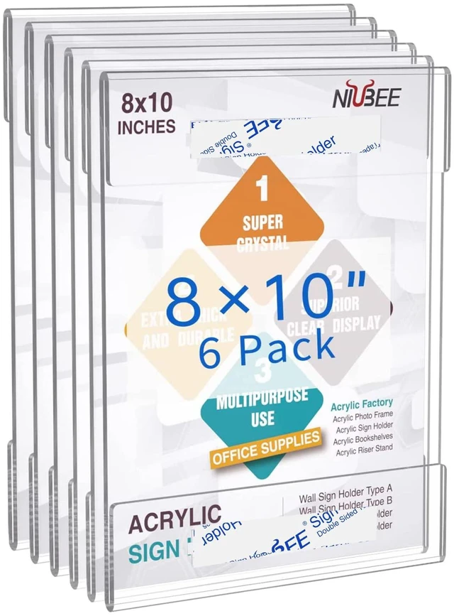 Main image of 8x10 Acrylic Sign Holder Wall Mount Clear Frame 6 Pack With Adhesive Tapes, Vertical Display 8 x 10 Paper Flyer Poster, For Office Store Wall Door Window
