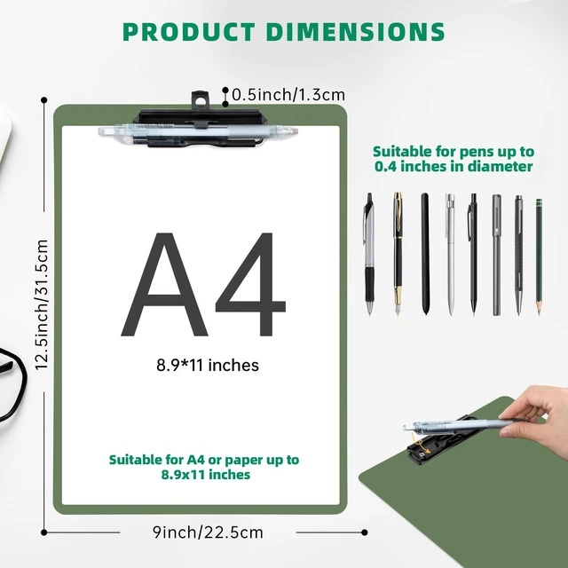 Alt view image 2 of 7 - Set of 6 Clipboard with Pen Holder, Green Low Profile Metal Clip, Hanging Hole Saves Space, Holds 8.5x11" Papers, Crack-Resistant & Durable, for Office & School