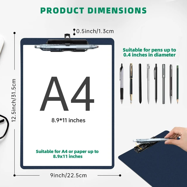 Alt view image 2 of 7 - Set of 6 Clipboard with Pen Holder, Blue Low Profile Metal Clip, Hanging Hole Saves Space, Holds 8.5x11" Papers, Crack-Resistant & Durable, for Office & School
