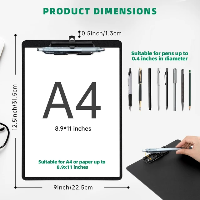 Alt view image 2 of 7 - Set of 6 Clipboard with Pen Holder, Black Low Profile Metal Clip, Hanging Hole Saves Space, Holds 8.5x11" Papers, Crack-Resistant & Durable, for Office & School