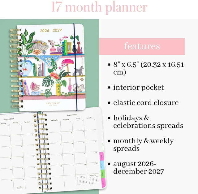 Alt view image 2 of 7 - 17-Month Large 2026-2027 Planner, Bookshelf 8.5" x 7.25" Hardcover Agenda with Monthly & Weekly Layouts, Goal Tracker, Vacation Pages, Stickers, Tabs & Elastic Closure