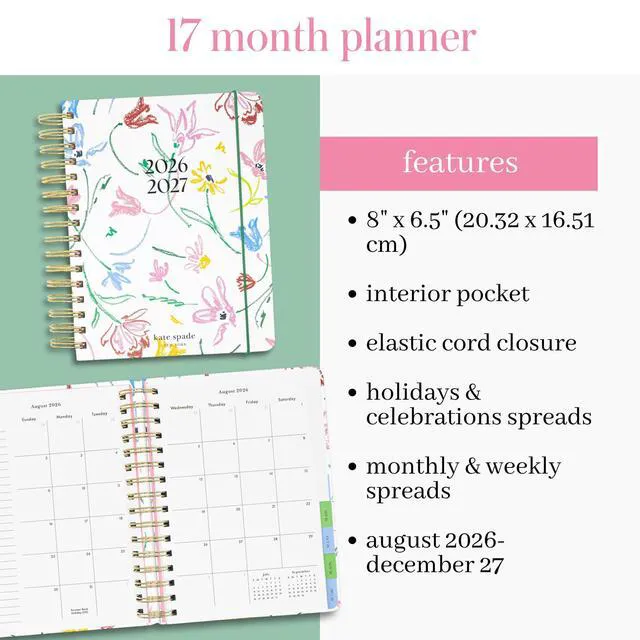 Alt view image 4 of 7 - 17-Month Large 2026-2027 Planner, Joyful Garden 8.5" x 7.25" Hardcover Agenda with Monthly & Weekly Layouts, Goal Tracker, Vacation Pages, Stickers, Tabs & Elastic Closure