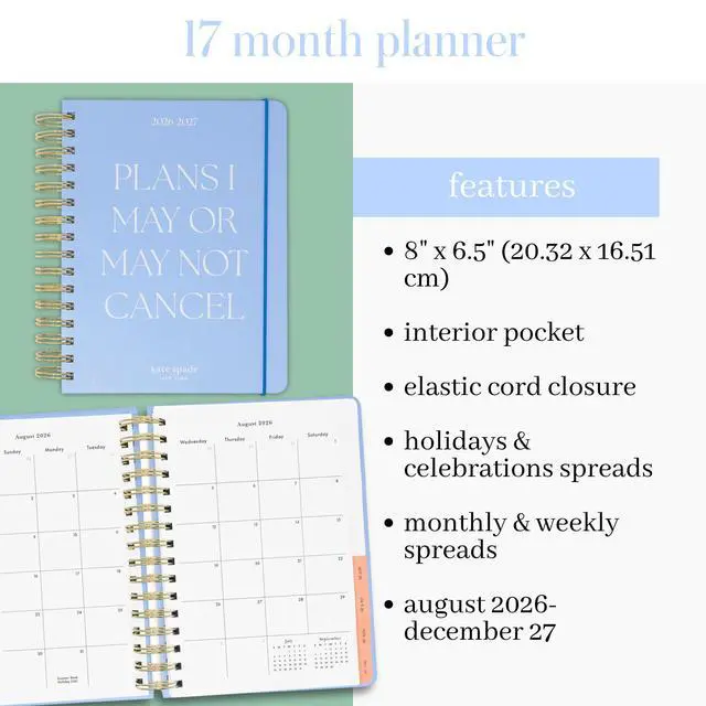 Alt view image 4 of 7 - 17-Month Large 2026-2027 Planner, Plans I May Cancel 8.5" x 7.25" Hardcover Agenda with Monthly & Weekly Layouts, Goal Tracker, Vacation Pages, Stickers, Tabs & Elastic Closure