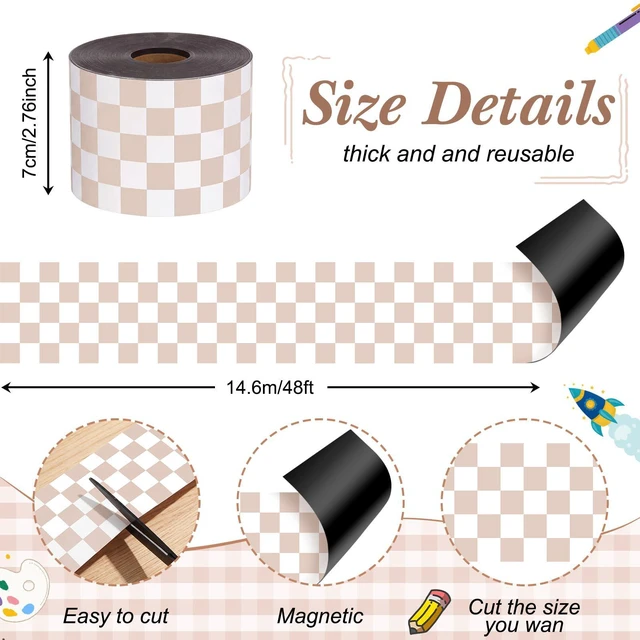 Alt view image 2 of 7 - 48 ft x 2.76 Inch Magnetic Checkerboard Border,Brown Gingham Bulletin Board Trim Decoration, Reusable Whiteboard Magnetic Strips Roll for School Office Chalkboard