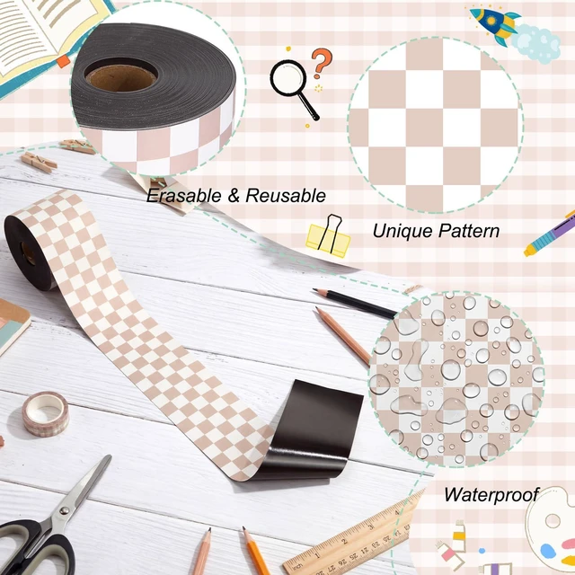 Alt view image 3 of 7 - 48 ft x 2.76 Inch Magnetic Checkerboard Border,Brown Gingham Bulletin Board Trim Decoration, Reusable Whiteboard Magnetic Strips Roll for School Office Chalkboard