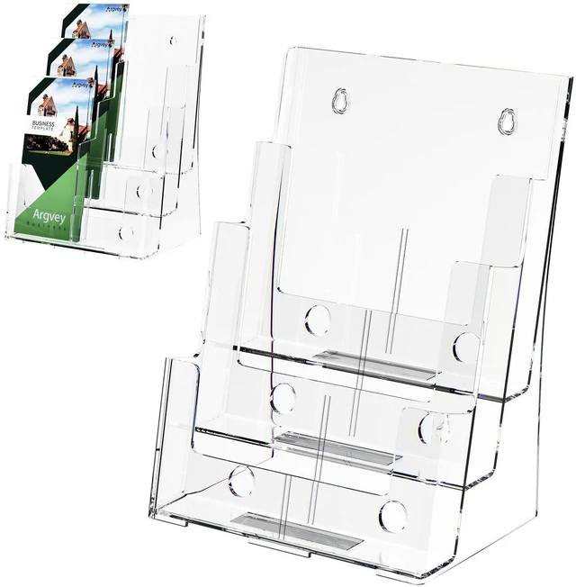 Main image of 3-Tier Brochure Holder 8.5x11, Desktop Literature & File Organizer, 2-Pack Clear Plastic Brochure Display Stand with Removable Divider for 4 x 9-Inch Tri-Fold Pamphlets, Rack Cards, and Flyers