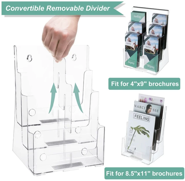 Alt view image 2 of 7 - 3-Tier Brochure Holder 8.5x11, Desktop Literature & File Organizer, 2-Pack Clear Plastic Brochure Display Stand with Removable Divider for 4 x 9-Inch Tri-Fold Pamphlets, Rack Cards, and Flyers
