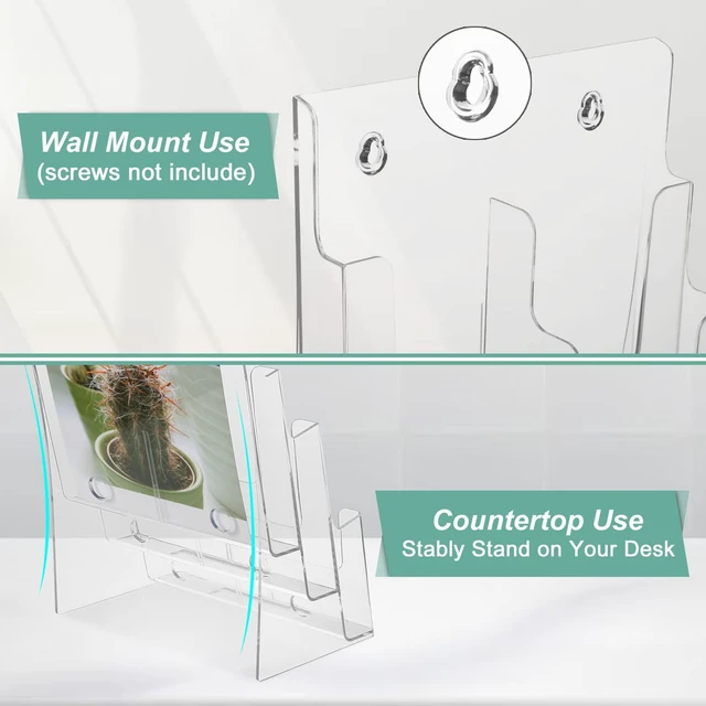 Alt view image 5 of 7 - 3-Tier Brochure Holder 8.5x11, Desktop Literature & File Organizer, 2-Pack Clear Plastic Brochure Display Stand with Removable Divider for 4 x 9-Inch Tri-Fold Pamphlets, Rack Cards, and Flyers