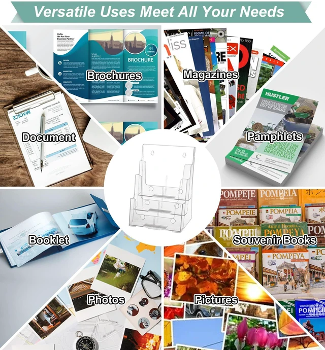 Alt view image 7 of 7 - 3-Tier Brochure Holder 8.5x11, Desktop Literature & File Organizer, 2-Pack Clear Plastic Brochure Display Stand with Removable Divider for 4 x 9-Inch Tri-Fold Pamphlets, Rack Cards, and Flyers