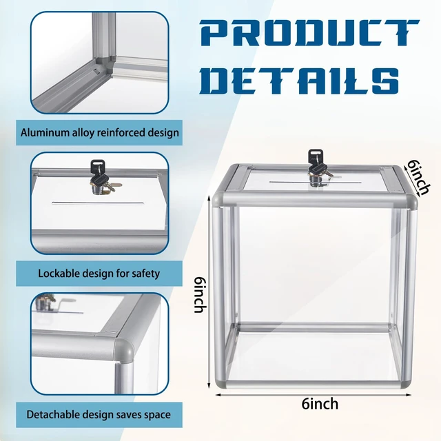 Alt view image 2 of 6 - 2 Pcs Acrylic Ballot Donation Box with Lock, 6 X 6 X 6 in Clear Raffle Container in Fundraising Events, Secure Slot with Key Lock, Suggestion Tip Jar, Transparent Acrylic Storage