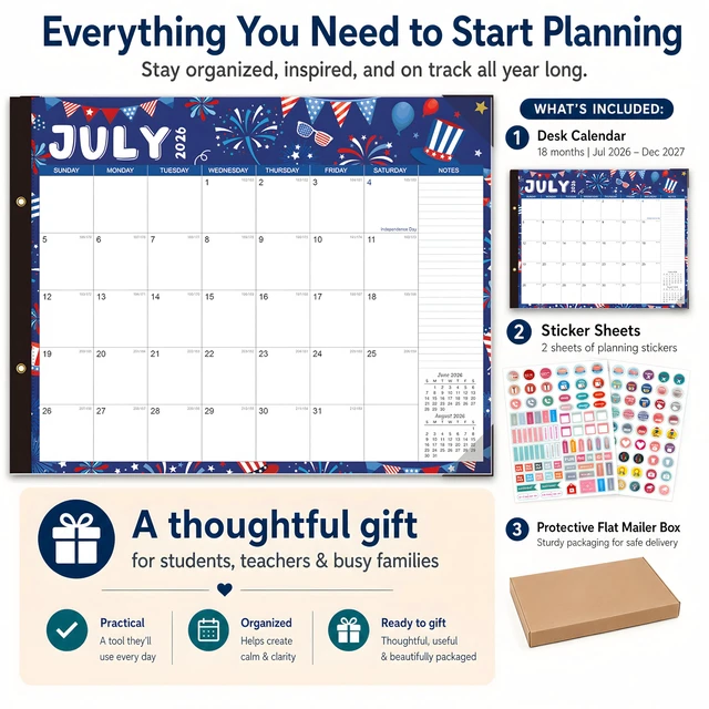 Alt view image 3 of 7 - Large Desk Calendar 2026-2027 - 18-Month Jul 2026 - Dec 2027, 22x17in Holiday Theme Extra Large Desktop Calendar, Academic Calendar with Protection Corner, Stickers for Office School and Home