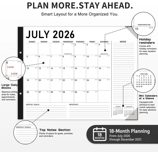 Alt view image 2 of 7 - Large Desk Calendar 2026-2027 - 18-Month Jul 2026 - Dec 2027, 22x17in Minimalist Extra Large Desktop Calendar, Academic Calendar with Protection Corner, Stickers for Office School and Home