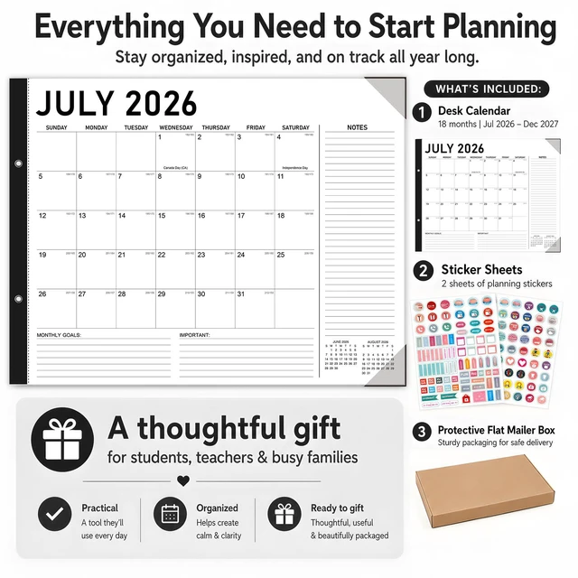 Alt view image 4 of 7 - Large Desk Calendar 2026-2027 - 18-Month Jul 2026 - Dec 2027, 22x17in Minimalist Extra Large Desktop Calendar, Academic Calendar with Protection Corner, Stickers for Office School and Home