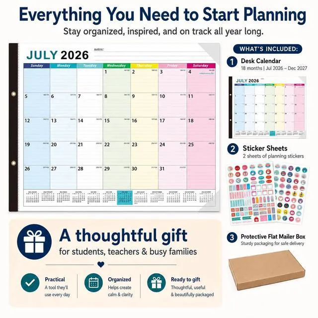 Alt view image 3 of 7 - Large Desk Calendar 2026-2027 - 18-Month Jul 2026 - Dec 2027, 22x17in Colorful Extra Large Desktop Calendar, Academic Calendar with Protection Corner, Stickers for Office School and Home